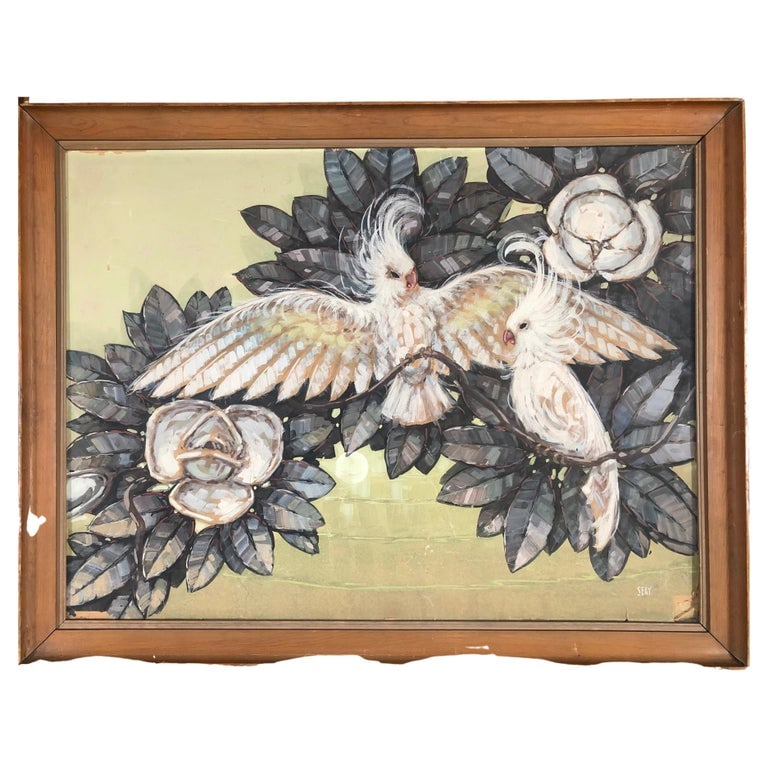 Billy Seay Airbrush Cockatoo and Hibiscus Hawaiian Art for Turner: Billy Seay airbrushed parrot lovers (original airbrushed over a print) for the Turner Company, circa 1948, in the original white painted frame. A great example of the post-WWII Hawaiian and tropical a