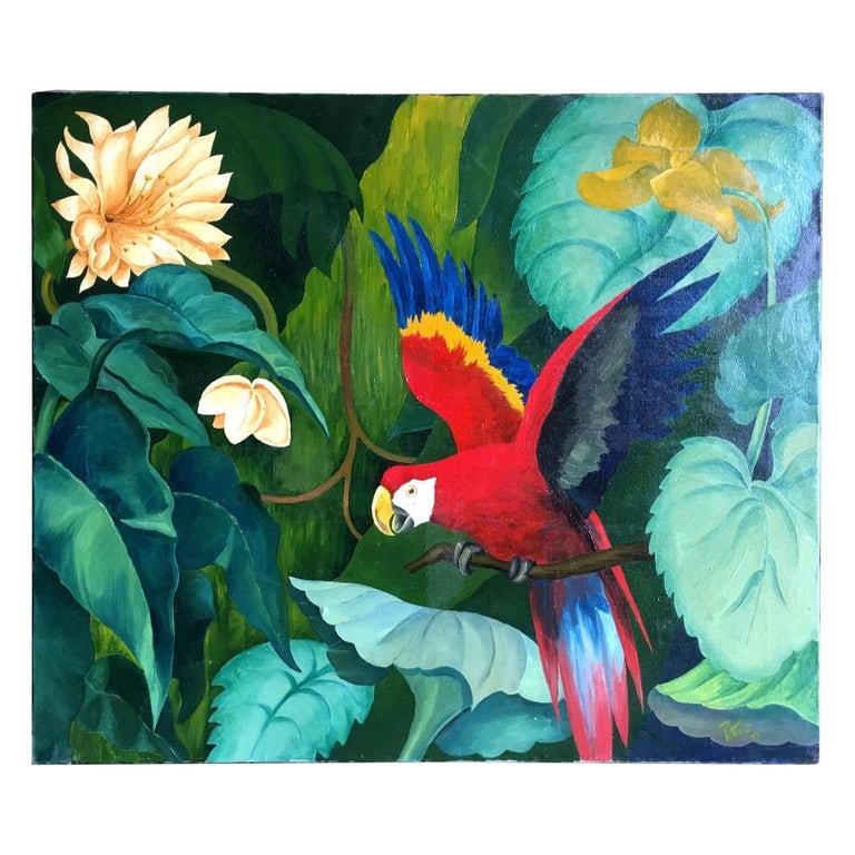 Large Tropical Hawaiian Scenic w Parrot Oil on Canvas Signed Pia Tole 1946: Large 30" X36" oil on canvas painting featuring a tropical Hawaiian scene with Lush foliage and a red parrot in mid-flight. The painting features a colorful arrangement of colors, deep greens with blu