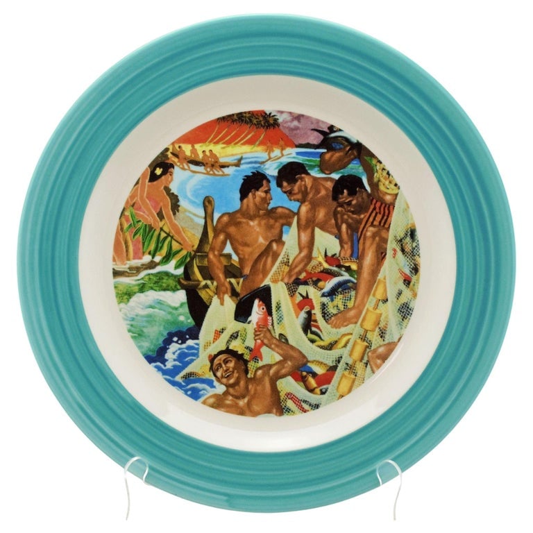 16" Eugene Savage "Festival of the Sea" Serving Platter, Lynn Krantz Dish Books: Hawaiiana Ware 16'' ceramic serving platter featuring the "Festival of the Sea" by artist Eugene Savage, by Homer Laughlin China for Lynn Krantz Dishbooks. The platter features a Seamfoam green band a