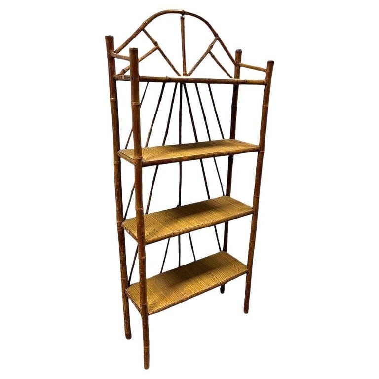 Late Victorian Aesthetic Movement Tiger Bamboo & Grass Matt Chippendale Shelf: Late Victorian Aesthetic Movement tiger bamboo & grass matt shelf /etagere is a captivating blend of exotic materials and elegant design. Its tiger bamboo frame showcases rich, variegated tones, exudi