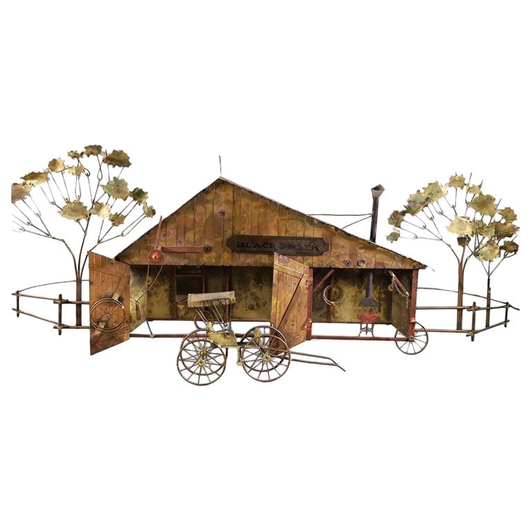 Mid-Century "Blacksmith" Hanging Copper Wall Sculpture by Curtis Jere: Curtis Jere "The Blacksmith" copper & brass wall sculpture featuring a countryside scenic complete with a fenced-in yard, barn, and horse wagon parked outside waiting to be worked on. The Barn display