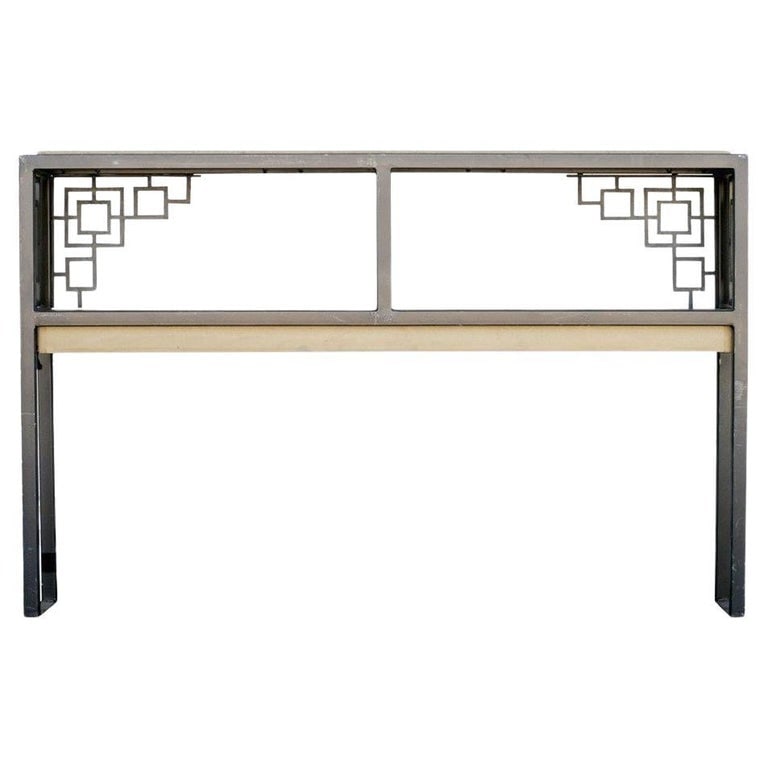 Black and Gold "Prairie" Style Console Table: Geometric Art Deco Style black and gold painted tubular steel console table with ornamental sides and back, with a two-tier design. This Console Table is reminiscent of the "Prairie" style developed a