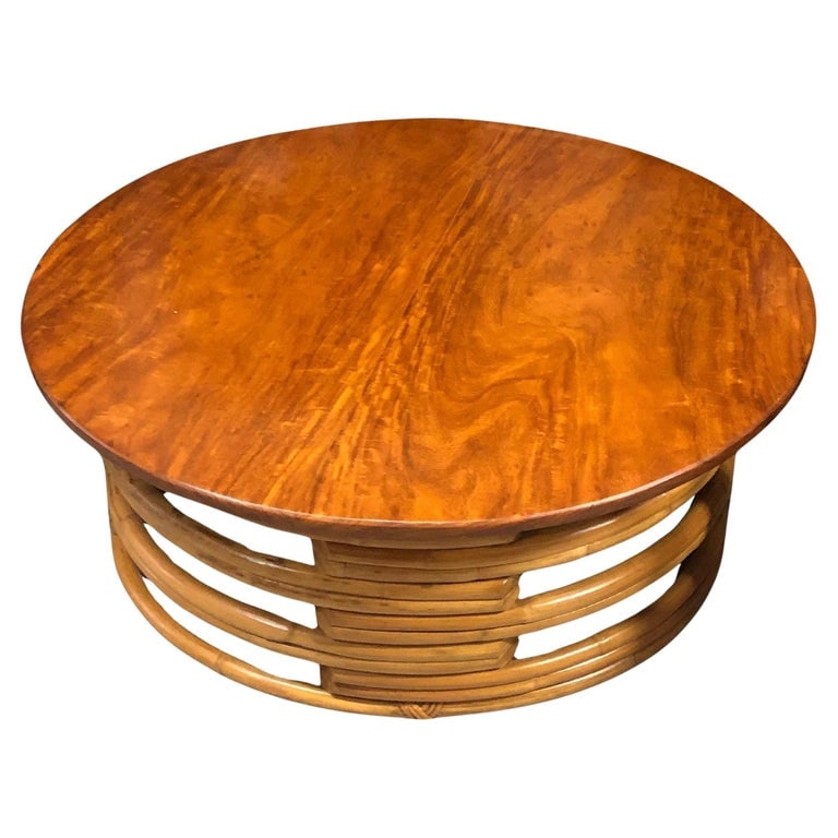 Restored Round Rattan Coffee Table with Mahogany Top (1 of 9)