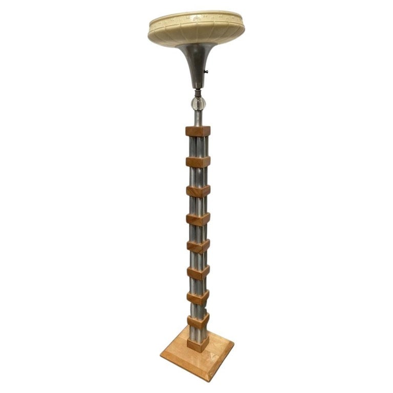 Mid-Century Modern Chrome Blond Maple Stacked Torchiere Floor Lamp: Unique Stacked Aluminum tube and hand-shaped Blond maple torchiere floor lamp with a crystal ball detail along the top. The lamp features a Maple wood base with a series of four aluminum poles sandwic