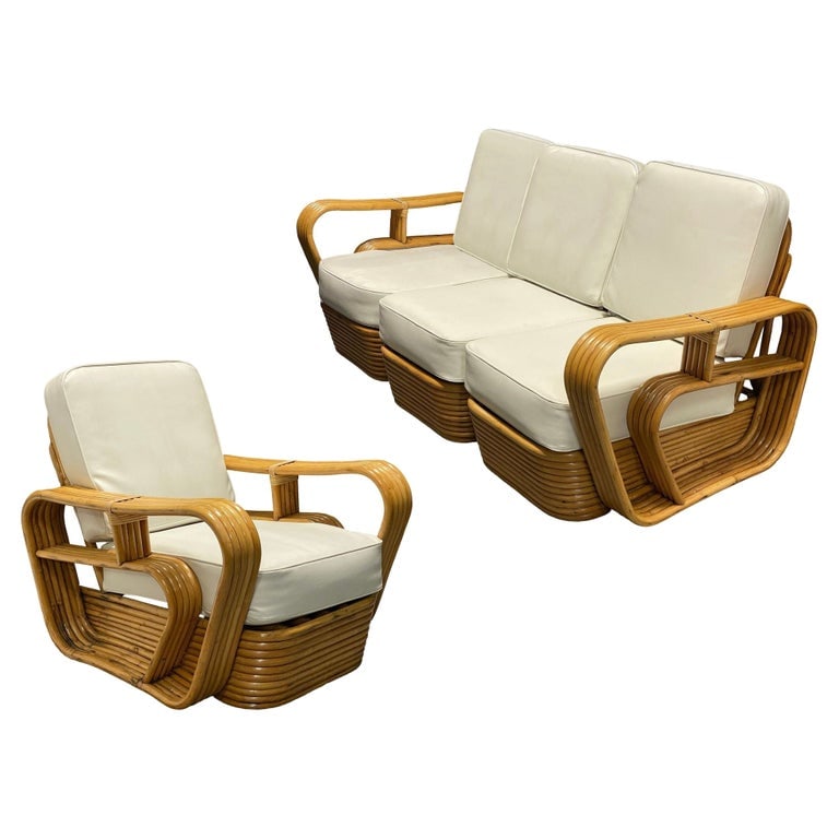 Restored 5-Strand Rattan "Double-Speed" Arm Sofa & Lounge Chair Living Room Set: This beautifully restored Paul Frankl-inspired Mid-century rattan living room set includes a five-strand "double-speed" arm sofa with a matching lounge chair, both feature stacked rattan bases and fan