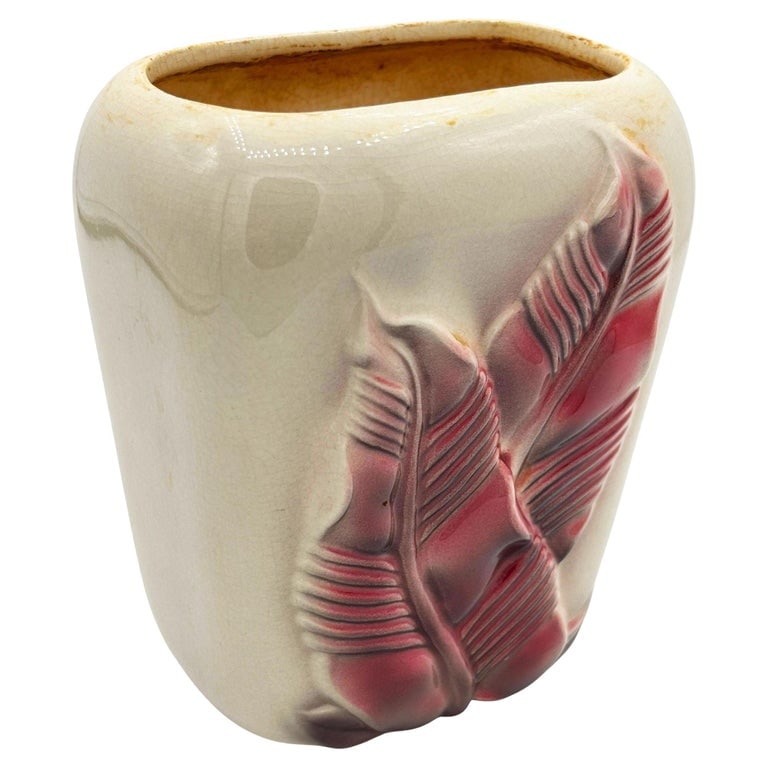 Mid-century Tropical Ceramic Palm Leaf Flower Vase by Royal Copley Pottery: Mid-century pink and green flamingo ceramic figurine in a flamingo pool tray decorative bowl, commonly used as a ring jewelry tray. Crafted by the renowned Royal Copley Pottery in the 1940s-1950s, thi