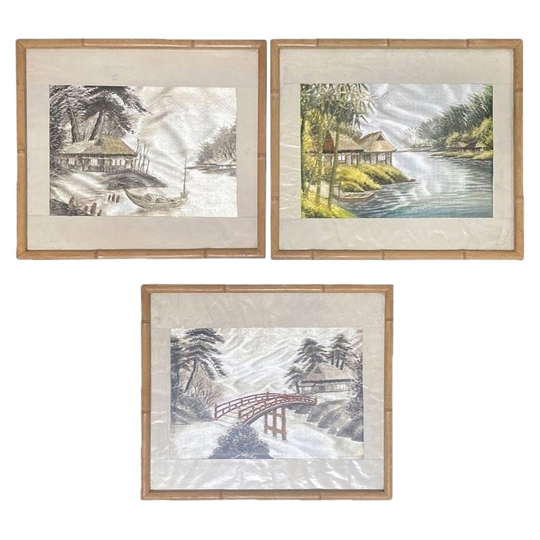 Three Chinese Silk Embroidery Tapestry Art Tropical Landscape in Rattan Frames: Set of 3 Mid-century era Chinese Silk Embroidery Tapestry Art of Tropical Landscape in Rattan Frames. Each piece depicts a different tropical oriental landscape featuring an Asian-style structure next