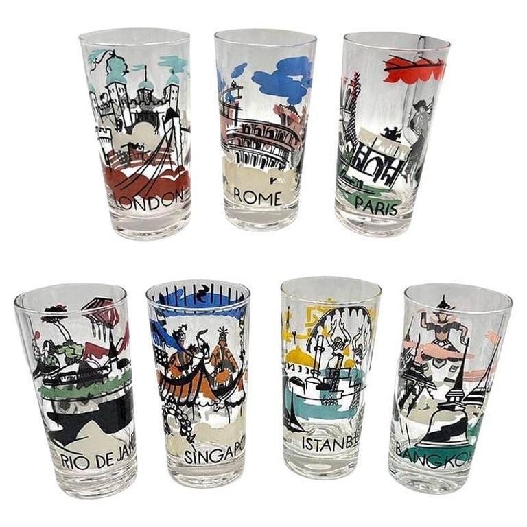 Set of 7 MCM Barware Highball "Cities Of The World" Drinking Glasses (1 of 6)