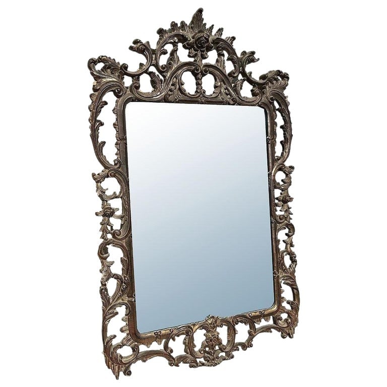Antique Venetian Baroque Framed Wall Mirror 5' Tall: This exquisite antique Venetian Baroque wall mirror features an ornate, intricately carved lightweight composite poly-wood with a dark brass leaf finish that embodies timeless elegance. With it's rich