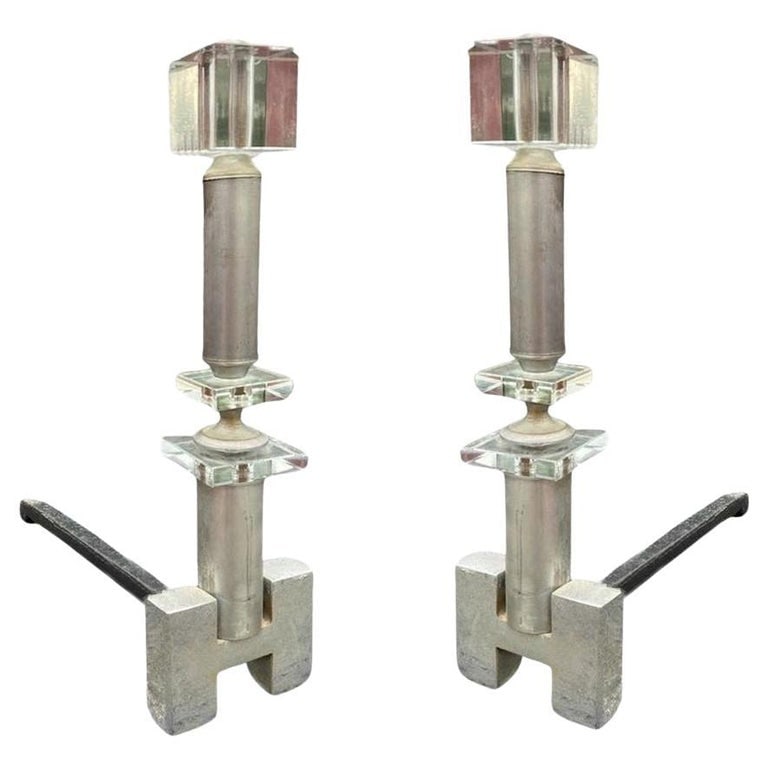 Hollywood Regency Crystal & Chrome "H" Fireplace Andirons, Pair: Hollywood Regency crystal & chrome "H" Fireplace Andirons, pair featuring iron core holding chromed steel prices and crystal accents. Circa 1930.