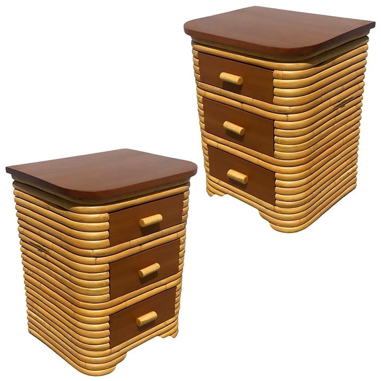 Restored Streamline Art Deco Stacked Rattan Bedside Table W/ Mahogany Top, Pair (1 of 7)