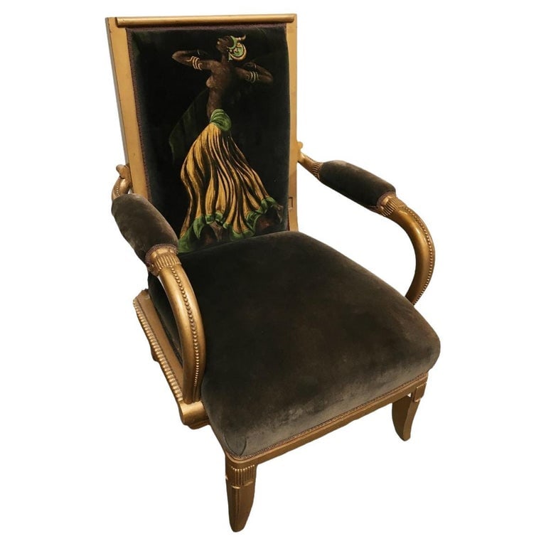 Vintage Velvet Upholstered Gorgeous Armchair with a Painted Dancer on the Back: Vintage velvet upholstered gorgeous armchair with a painted dancer on the back.$2,600 This gorgeous armchair features a painted dancer on its back. Ornate carved details all around. A solid piece of f