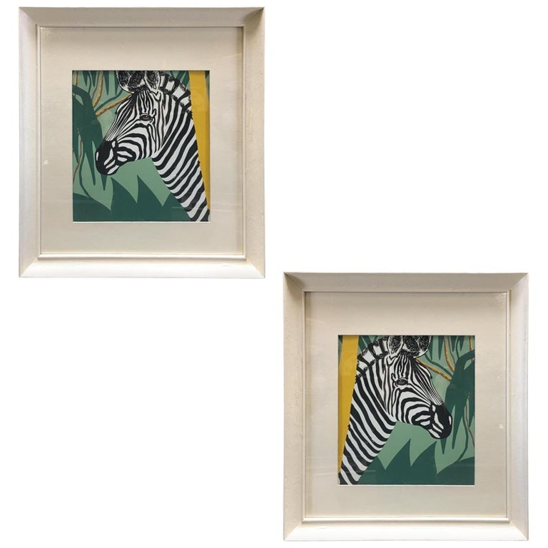 Post War Hawaiian Airbrush Zebra in Original Frame w/ large Mat, Pair (1 of 5)
