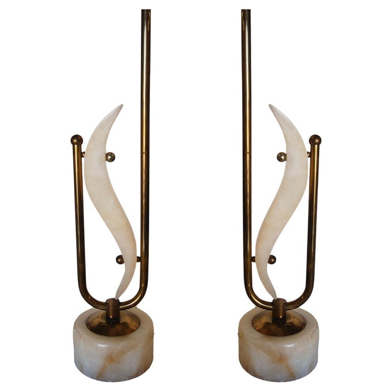 Pair of Freeform Marble and Brass Abstract Sculptural Table Lamps: Pair of mid-century marble and brass abstract "S" shape sculptural table lamps. Measures 4" Wide x 5" Base Diameter x 22.5"Tall.