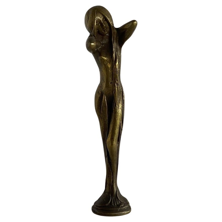 Bronze Letter Wax Seal Stamp Featuring Nude Bathing Women Art Nouveau: Late Victorian bronze nude bathing women Art Nouveau letter wax seal stamp unused and never monogrammed. Circa 1890.