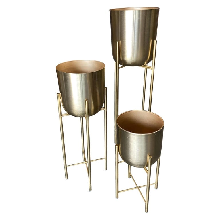 Set of 3 Modernist Brass Spun Brass Planters With Stand - Set of 3 (1 of 11)