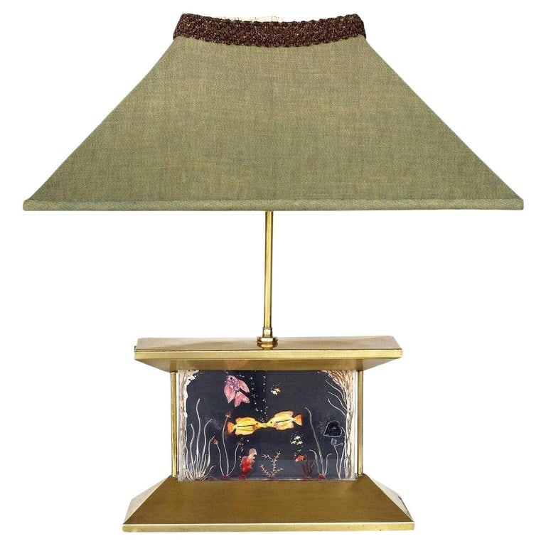 Mid-Century Brass Aquarium Light Up Lamp w/ Shade (1 of 7)