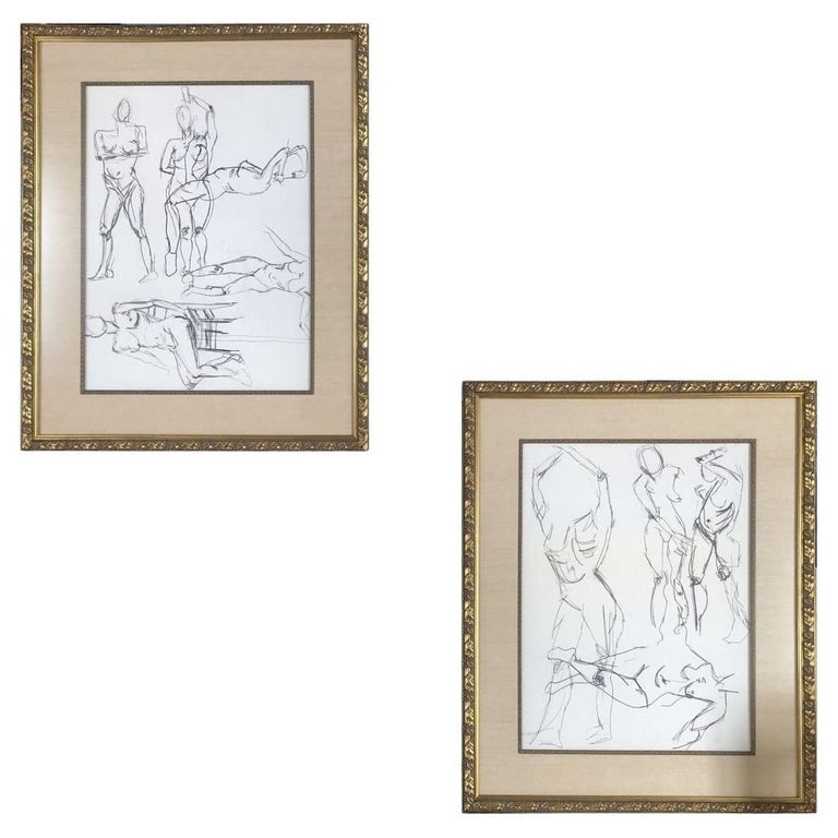 Nude Female Figural Pencil on Paper Drawlings in Gold Tone Frame, Pair: Unsigned pair of pencil on-paper figural drawing panels of the nude female form, each page features a panel of 4 to 5 figure drawings in antique-styled neoclassic leaf and berry gold-finished frames w