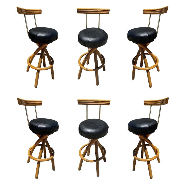 Restored Spiral Legs Rattan & Brass Barstool w/ Swivel Seats, Set of Six (1 of 7)