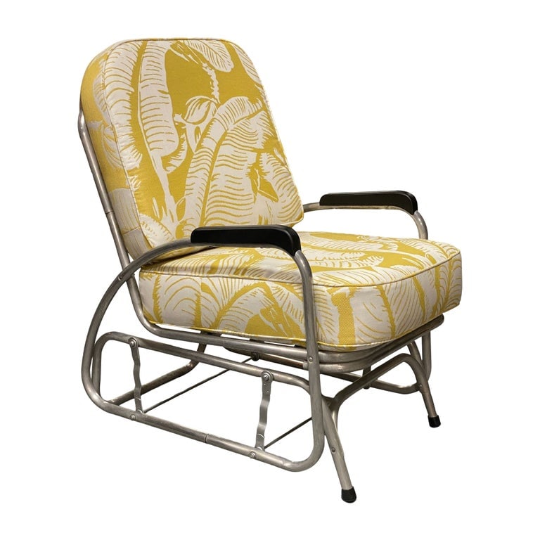 Aluminum Patio/Outdoor Sled Base Rocking Slider Armchair w/ Speed Arms: Mid-century outdoor patio aluminum slider rocking chair with double poles armrest consisting of an aluminum frame with two arms on each side of the base connecting to the seat, giving the ability to s