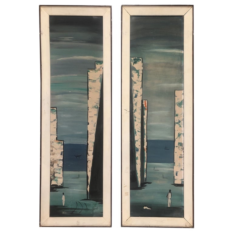Abstract Landscape Acrylic on Canvas by Carlo of Hollywood, Pair: Pair of Modernist Expressionist acrylic on canvas abstract landscape with a silhouette of a person standing in a sea made of geometric-shaped buildings signed "Carlo" for Carlo of Hollywood.Each paint