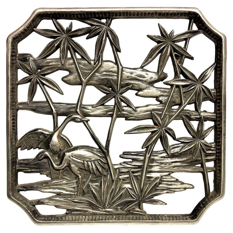Mid-century Tropical Cranes in Water Scene Metal Wall Scupture by Syroco (1 of 7)