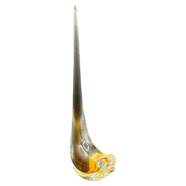 Mid Century Hand Blown Sommerso Murano Yellow Art Glass Bird w/ Tall Feather: Stunning Mid-century hand-blown Murano art glass bird, an elegant piece that exudes artistry and sophistication. Standing at 14 1/4" tall, this bird features a graceful, elongated feather that captiva