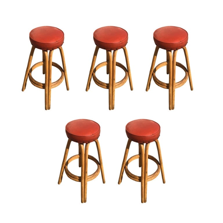 Restored arched Rattan Bar Stools w/ Studded Nailhead Red Seats, Set of 5 (1 of 5)