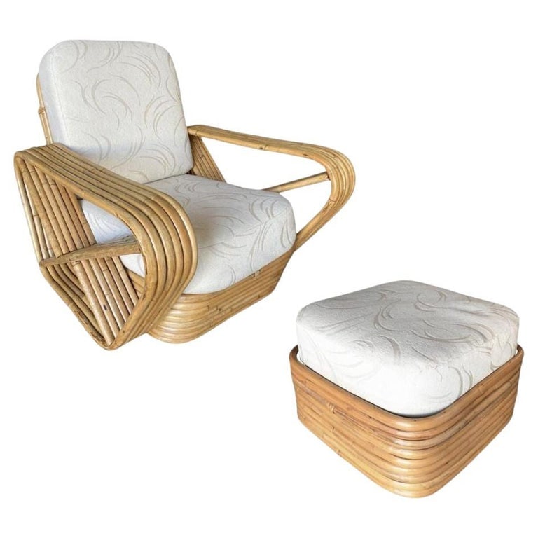 Restored Six-Strand Square Pretzel Rattan Lounge Chair with Ottoman: Designed in the manner of Paul Frankl, this six-strand rattan lounge chair features square pretzel arms and a Classic stacked base. Included is the matching stacked rattan ottoman. Lounge chair: 34" t