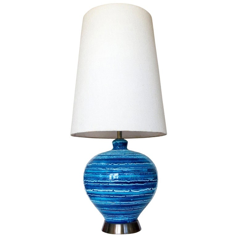 Midcentury Variegated Blue Striped Glaze Ceramic Lamp (1 of 5)