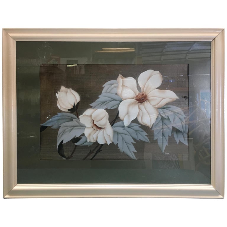 Postwar Hawaiian Airbrush Tropical Hibiscus Floral in White Wood Frame, Signed (1 of 4)
