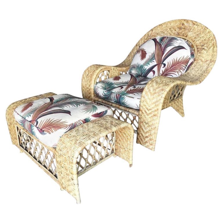 Restored Woven Wicker "Peacock" Throne Lounge Chair w/ Matching Ottoman: Matching "Peacock" living room set including a woven wicker lounge chair with a large oversized armrest and a fan cobra backrest featuring a decorative spindle back. The set includes a matching large-