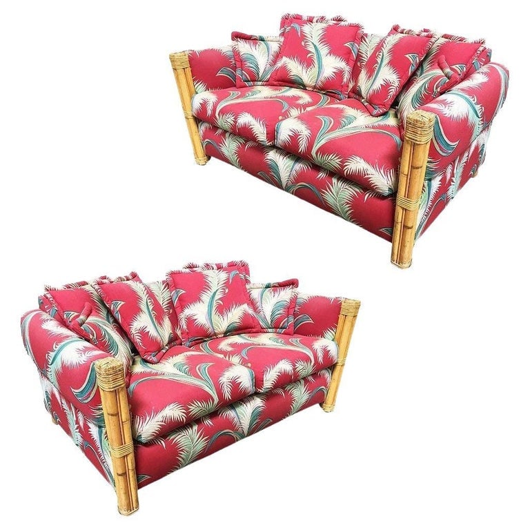 Restored "Big King" Plush Over Stuffed Rattan Settee Sofa W/ 4 Strand Arms, Pair: Rare pair of restored overstuffed "Big Kings" plush rattan loveseat/Settees. These exquisite pieces feature distinctive 4 Strand Arms, indulgent extra-plush armrests, and sumptuous pillow-back cushion