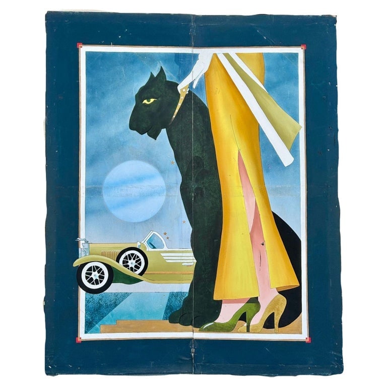 12' Foot Hand Painted Art Deco Damsel & Panther Oil on Canvas Screen (1 of 5)