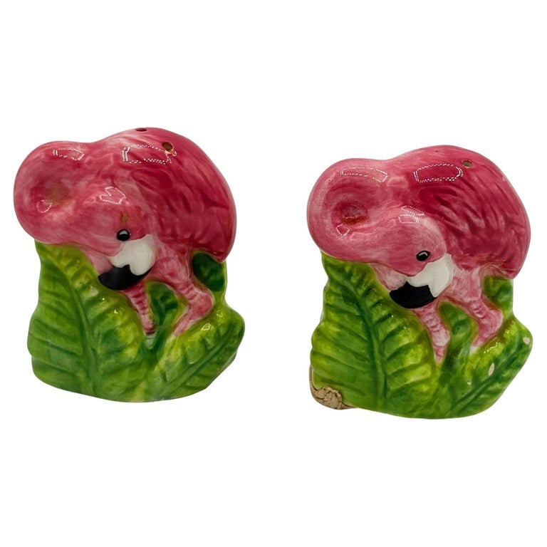 Mid-century Pink Flamingo Tropical Leaf Ceramic Salt & Pepper Shaker Set (1 of 5)