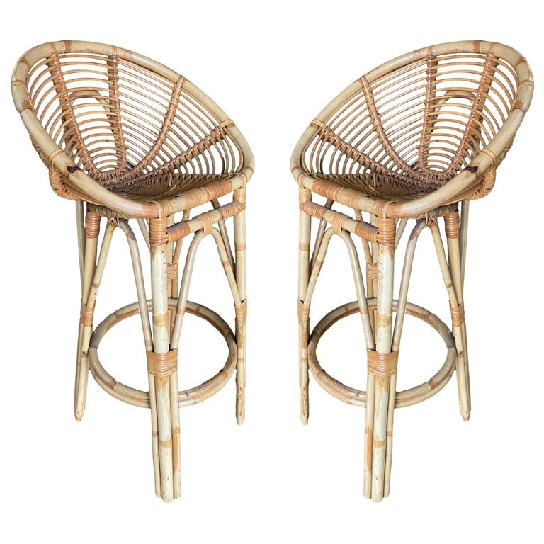 Restored Stick Rattan Bar Stools in the Manner of Albini, Pair (1 of 8)