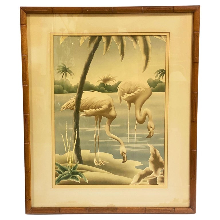 1940s Tropical Drinking Flamingo Scenic Print, Framed by Billy Seay for Turner: Charming 1940s tropical scenic print featuring two elegant flamingos wading and drinking along a serene coastal shoreline, surrounded by palm trees and lush foliage. Designed by Billy Seay for Turner,