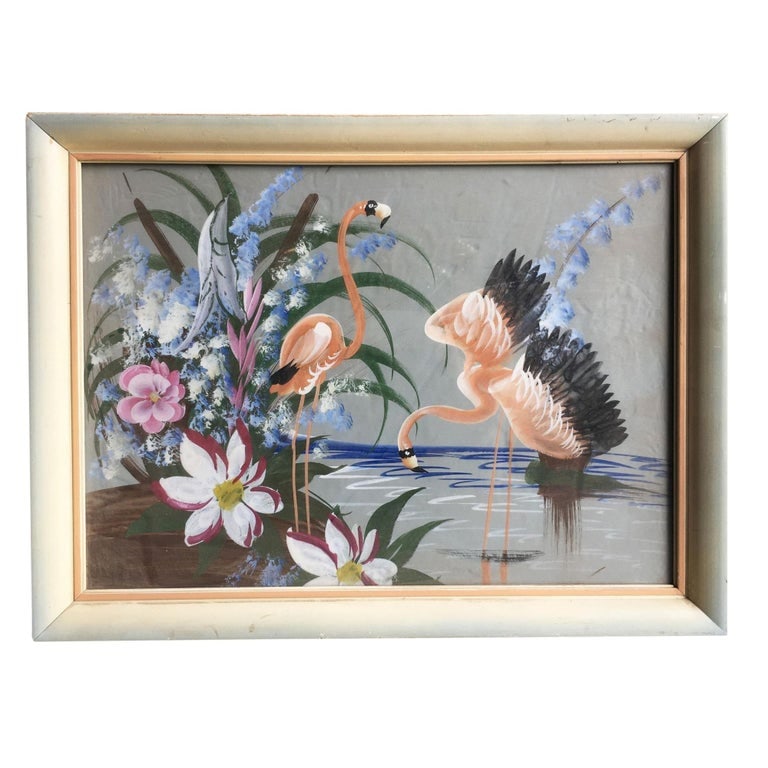 Restored Tropical Flamingos Acrylic on Paper in Original Frame, Unisgned: Original Airbrushed artwork Flamingos (original airbrushed over a print) for the Turner Company, circa 1948 in the original hardwood frame carved into a bamboo shape. A great example of the post-WWII 