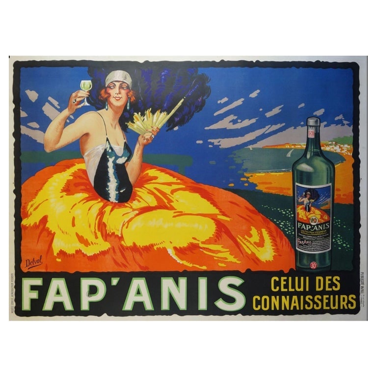 Large Fap'Anis Drink Advertising Poster, circa 1930: This artwork poster for a French aperitif is a virtual explosion of color. A French flapper in a flowing gown enjoys a panoramic vista of the Mediterranean coast and a glass of Fap’ Anis.Cleverly, t