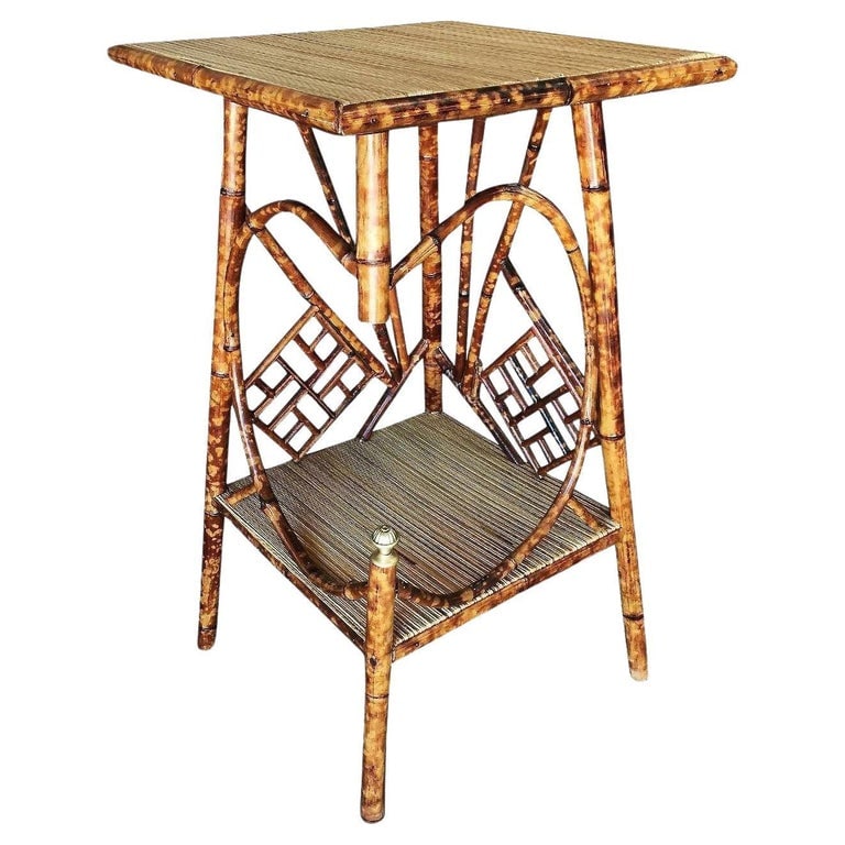 Restored Aesthetic Movement Tiger Tortoise Bamboo Pedestal Side Table: Late Victorian tiger bamboo pedestal side table with rice mat top and a secondary bottom shelf usually used for a potted plant. bamboo furniture from this era is usually associated with Astetical Move