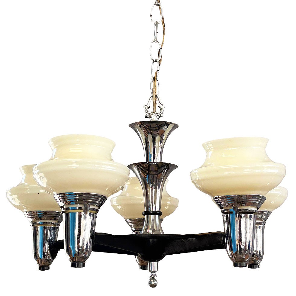 MCM Streamline Moderne Five-Light Chandelier with Opaline Glass Shades (1 of 6)