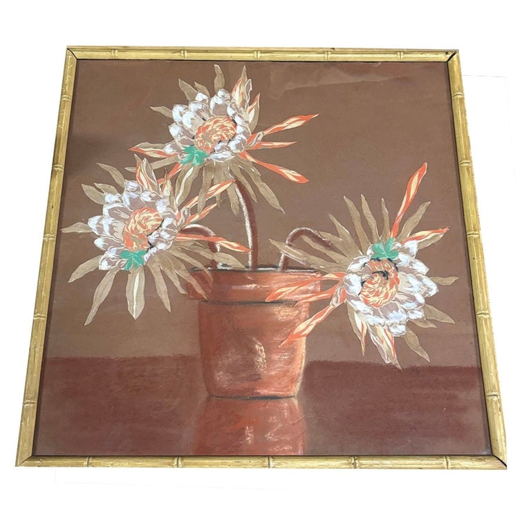 1970s Cereus Flower Fabric Art Painting Framed, Unisgned: This unique artwork features a Cereus flower in a pot, crafted through a creative collage of layered fabric and paint. The piece is a one-of-a-kind creation by an unknown artist, blending textures and