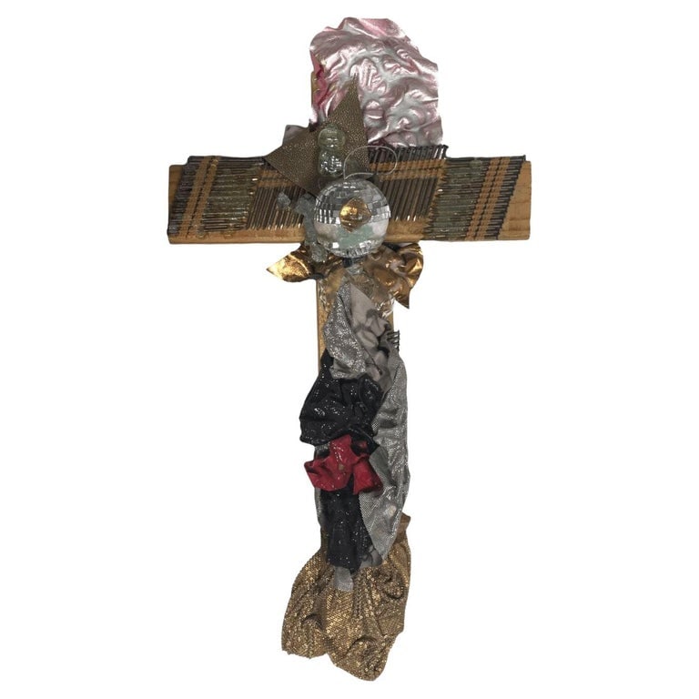 Vintage Flat Wood Cross with Mixed Media Decorations: Vintage Flat Wood Cross with Mixed Media Decorations. $885 This unique cross made of 2 solid pieces of flat wood has been decorated with nails, fabric, metal net and glass, in a display of mixed media