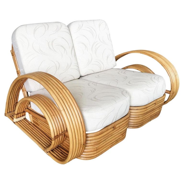 Restored "Double Tear Drop Arm" Rattan Sofa Sectional Settee W/ Stacked Base (1 of 6)