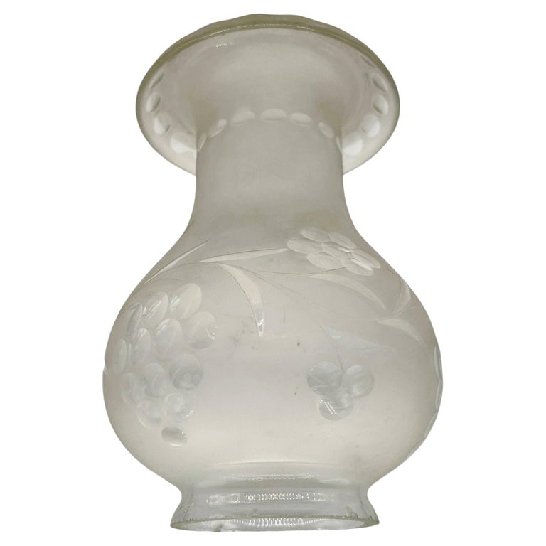 Victorian Frosted Wheel Cut Floral Glass Oil Lamp Hurricane Fluted Shade: This vintage western-style white frosted glass oil lamp Hurricane Shade with wheel cut floral pattern has a smooth, curved design with a softly diffused finish. It tapers toward the fitter opening, ma
