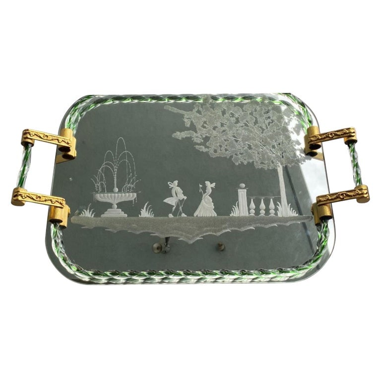 Itailan Murano Barovier Style Vanity Tray with Etched Mirror Twisted Glass Rope: Mid-century mirror-engraved Murano glass serving tray. This wonderful piece was produced in Italy during 1940s. The mirror has romantic Venetian characters and a picturesque countryside landscape. Ico