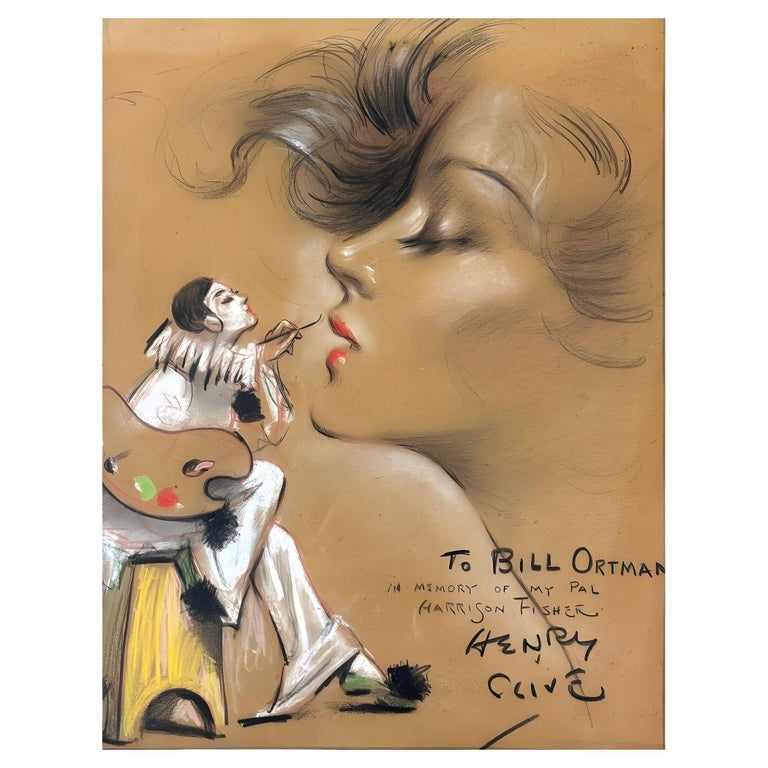 1934 Female Portrait Pastel on Paper by Henry Clive: Original Pastel Portrait on Paper featuring a harlequin painting a female face in memory of friend Harrison Fisher by Henry Clive. The piece is signed by Clive.Born Henry O'Hara (1882 - 1960) spent on