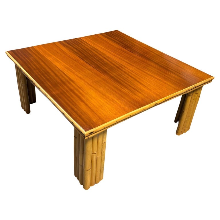 Restored Rattan & Curly Mahogany Square Coffee Table w/ Stacked Rattan Legs (1 of 6)
