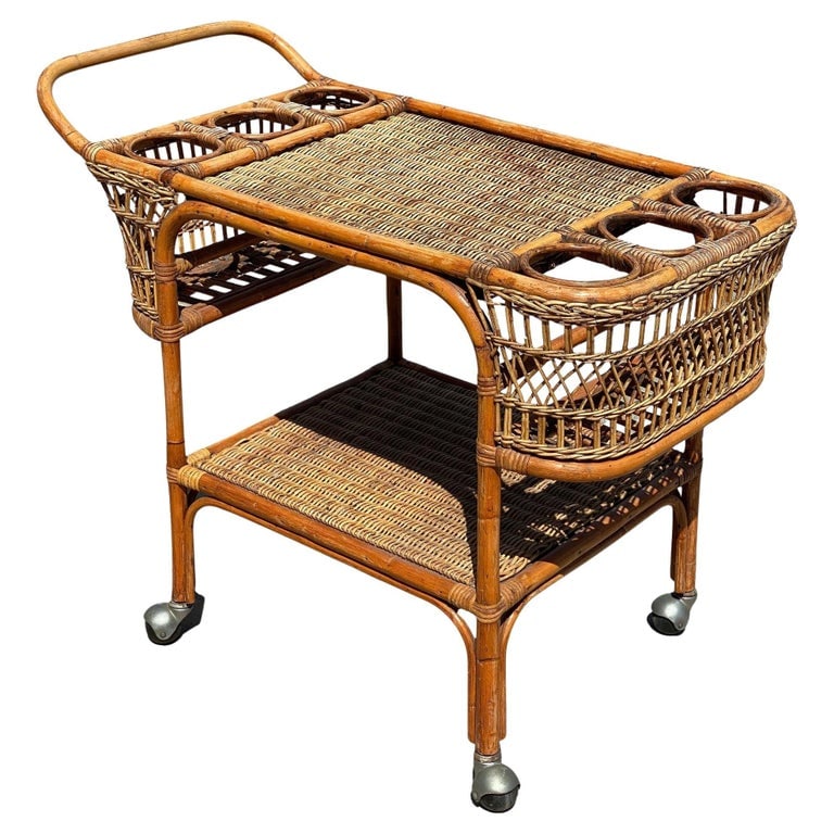 Restored Art Deco Stick Rattan Two-Tier Bar Cart w/ Woven WickerTops (1 of 9)