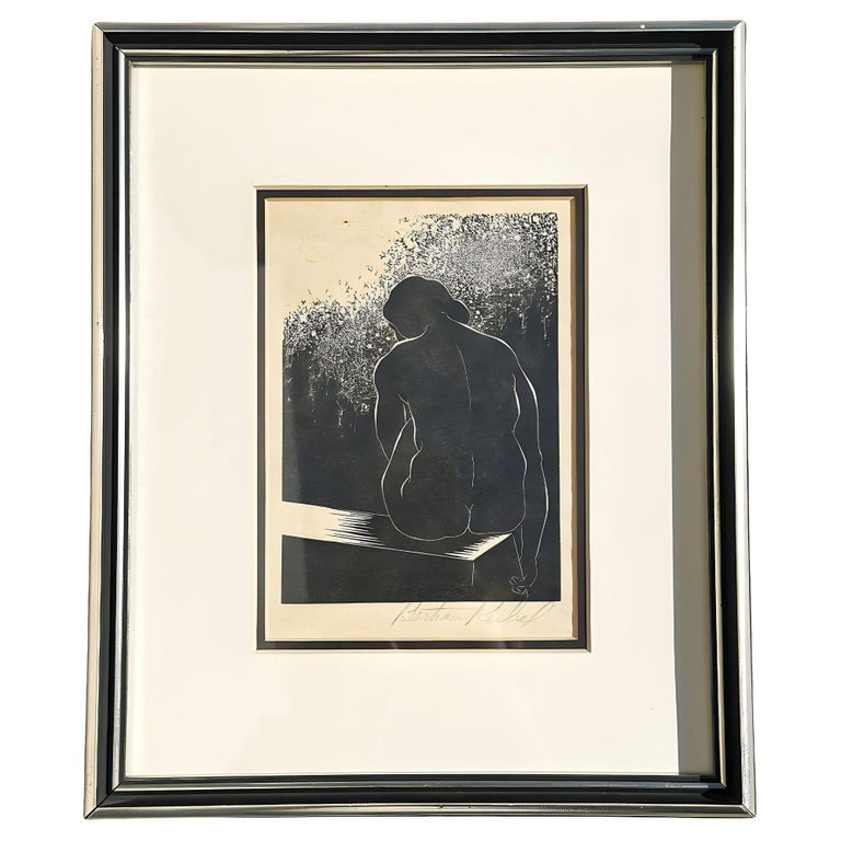 Untitled Nude Female Portrait Wood Block Print by Reibel Bertram, Framed: Original untitled wood block engraving in black on off-white woven paper signed by Bertram Reibel (American, 1901-1993) Depicting a nude woman seated with her back to the viewer and slightly open hand